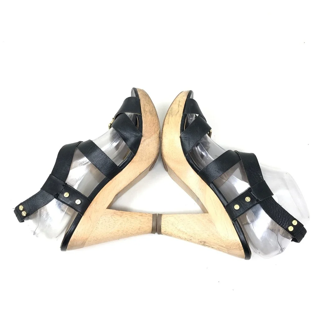 VTG Wooden Sandals Me Too‎ Womens 8.5M Ebony Leather Black Wood Heel Buckle